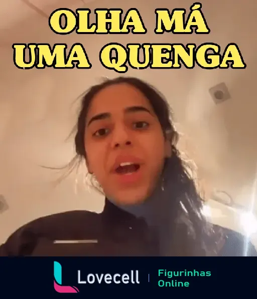 Figurinha de WhatsApp com texto 'Olha má uma quenga', parte da pasta 'Bordões da Mirella Santos', mostrando uma mulher falando com expressão surpresa.