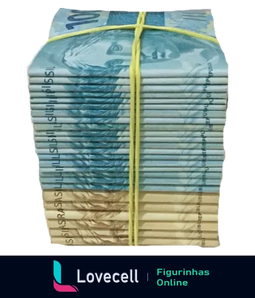 Pacote de notas de 50 reais do Banco Central do Brasil amarradas com elásticos amarelos, empilhadas de forma volumosa