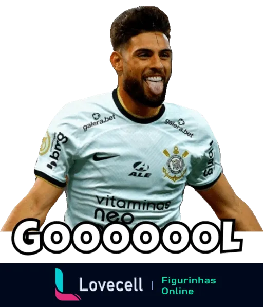 Jogador do Corinthians comemorando gol sorridente, com camisa patrocinada por Galera.bet, Neo Química, Ale e Vitaminas Lovecell