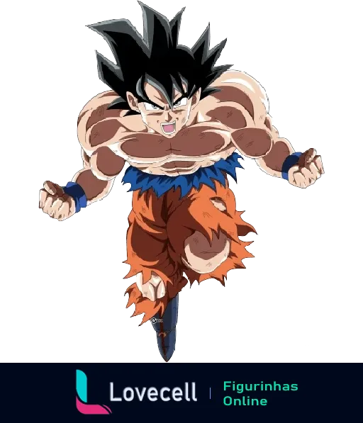 Imagem de Goku em sua forma Super Sayajin, musculoso com cabelo espetado preto e vestindo roupas de luta rasgadas.