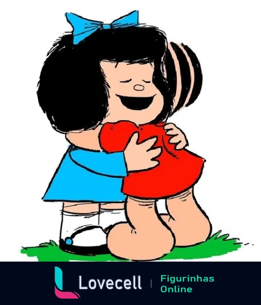 Mafalda vestida de azul abraçando com carinho outra personagem com vestido vermelho, ambas ajoelhadas na grama