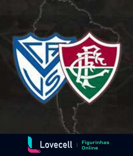 Figurinha mostrando escudos do Vélez Sarsfield e Fluminense divididos por linha tracejada, simbolizando rivalidade em partida de futebol