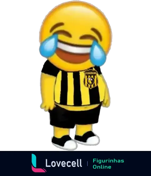 Emoji chorando de rir vestido com uniforme preto e amarelo do Guarani, com logo do time no peito, ideal para expressar alegria no futebol