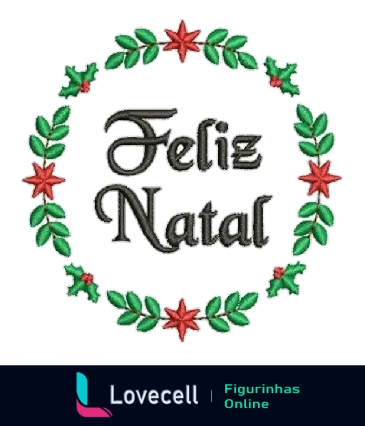 Figurinha de 'Feliz Natal' com coroa de folhas verdes e estrelas vermelhas, e a frase central em letras metálicas