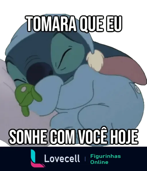 Stitch, personagem de Lilo e Stitch, dormindo com um ursinho de pelúcia, com a frase 'Tomara que eu sonhe com você hoje'.