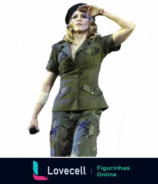 Madonna vestida com traje militar, segurando um microfone e fazendo uma saudação militar.