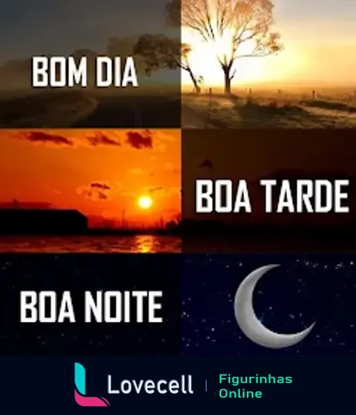 Uma imagem dividida em quatro partes: 'Bom Dia' com céu claro, 'Boa Tarde' laranja ao pôr do sol, 'Boa Noite' com um céu estrelado e lua crescente.