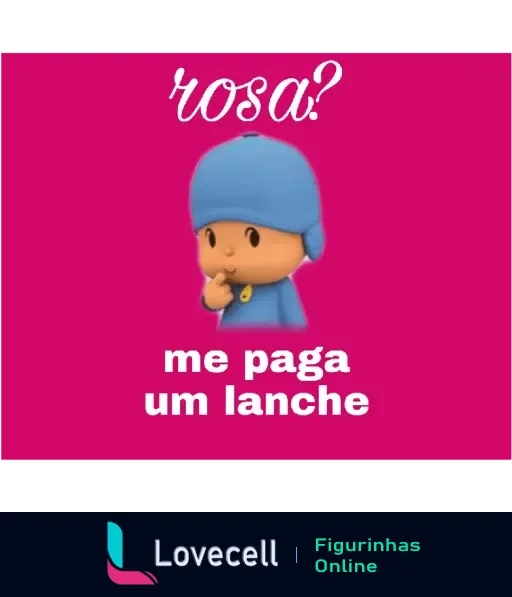 Figurinha da pasta 'escolha uma cor' com personagem animado perguntando 'rosa? me paga um lanche'.