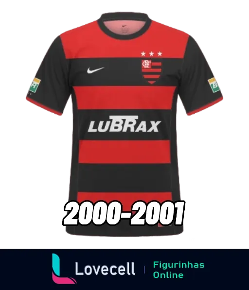 Figurinha da camisa do Flamengo das temporadas 2000-2001, preta e vermelha com listras horizontais, logo da Nike e patrocínio da Lubrax, e escudo do Flamengo no peito