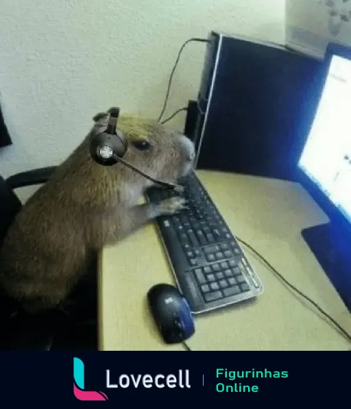 Capivara em frente a um computador com headset, digitando no teclado, representando um ambiente de trabalho.