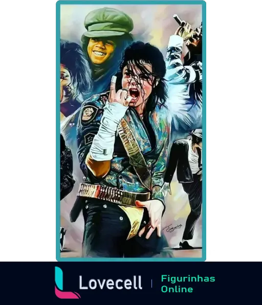 Figurinha de WhatsApp mostrando Michael Jackson em performance icônica, vestindo jaqueta brilhante e fazendo sinal de rock com a mão.