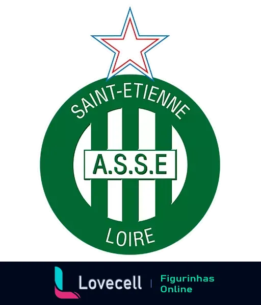 Emblema do AS Saint-Étienne com listras verticais verdes e brancas, texto 'ASSE' e 'SAINT-ÉTIENNE LOIRE', e uma estrela vermelha no topo