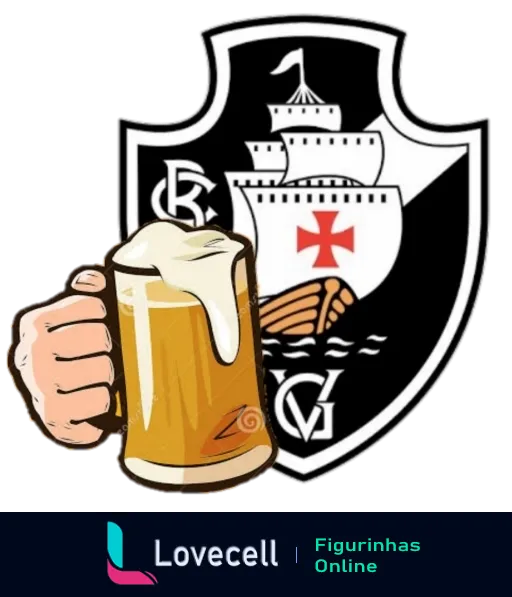 Escudo do Vasco da Gama com uma mão segurando um copo de cerveja, representando celebração e apoio ao time