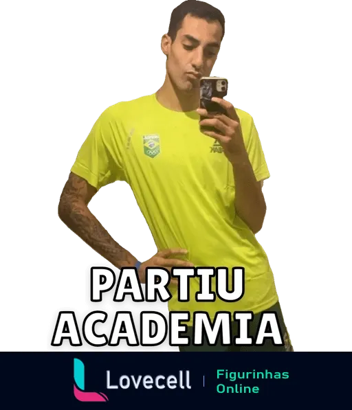 Douglas Souza vestido com uniforme esportivo amarelo tirando selfie motivado com texto 'PARTIU ACADEMIA' acima da cabeça