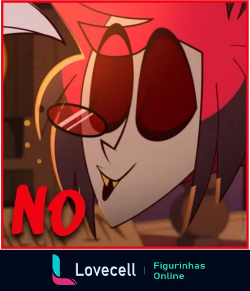 Personagem de Hazbin Hotel com cabelo vermelho e óculos escuros, sorrindo de forma divertida, com a palavra 'No' em letras vermelhas.