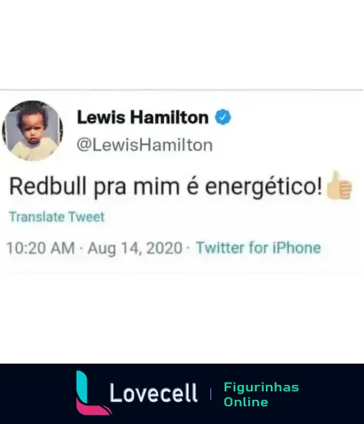 Figurinha de tweet do Lewis Hamilton dizendo que Redbull é um energético com emoji de polegar para cima