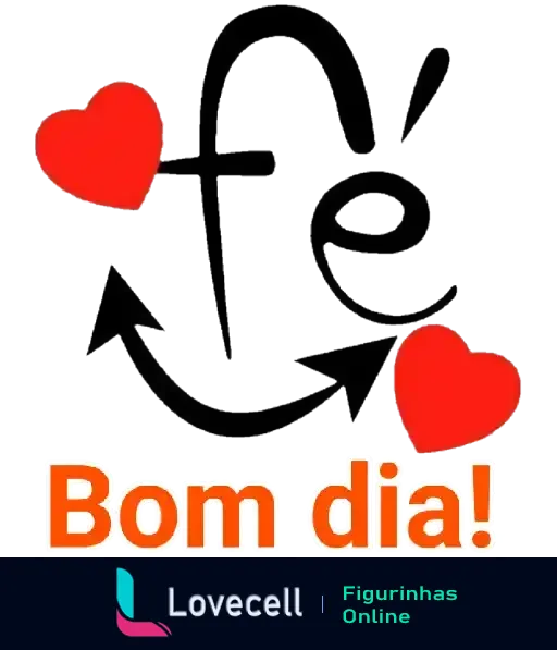 Figurinha com texto 'Bom dia!' em letras laranjas sobre fundo preto, flanqueado por dois corações vermelhos, representando uma saudação amigável e vibrante.