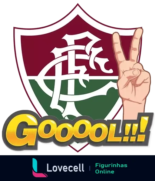 Escudo do Fluminense com fundo vinho e verde, palavra 'Gooooool!!!' em dourado e símbolo de 'victory' com os dedos, celebrando um gol do time