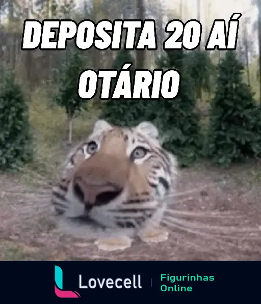 Imagem de um gato-tigre com um olhar curioso, cercado por árvores, e a frase 'DEPOSITA 20 AÍ OTÁRIO' em letras grandes e chamativas.