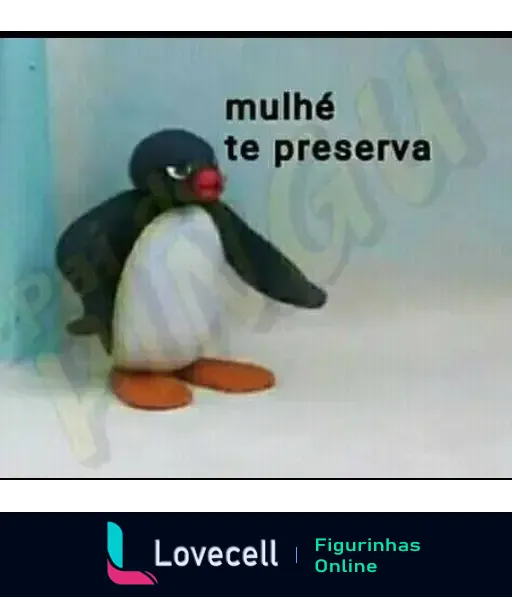 Pingu, um pinguim de massinha com corpo branco e bico vermelho, olha de canto com expressão séria. Texto na imagem: 'mulhé te preserva'.