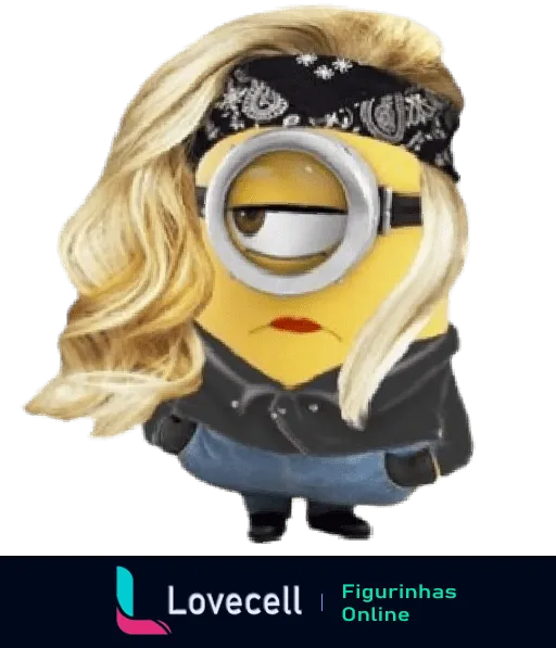 Minion estiloso vestindo jaqueta de couro preta e lenço de banda na cabeça, com cabelo louro e olhar determinado, estilo rock n' roll