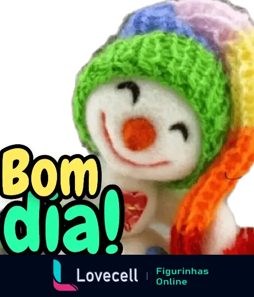 Boneco de neve sorridente com gorro colorido e cachecol, acompanhado do texto 'Bom dia!', em uma figurinha de Tempo Sol e Chuva para WhatsApp.