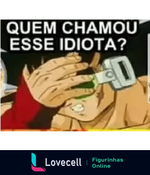 Cena do anime Dragon Ball Z com personagem perguntando 'Quem chamou esse idiota?' com mão cobrindo rosto de outro personagem.