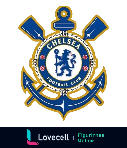 Emblema do Chelsea Football Club com leão rampante azul, bolas de futebol e âncora dourada simbolizando tradição e força no futebol inglês