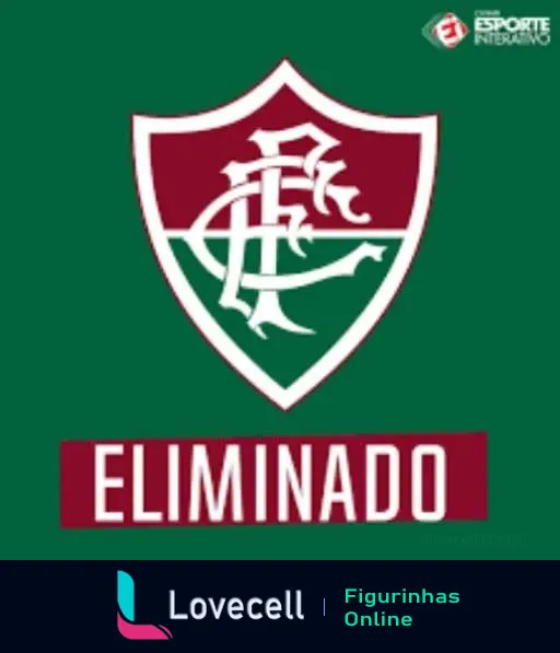 Escudo do Fluminense Futebol Clube com palavra 'ELIMINADO' em faixa vermelha sobre fundo verde