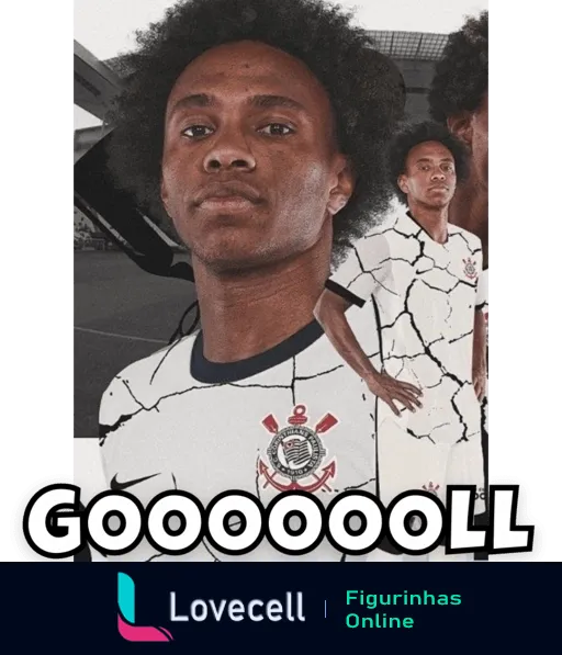 Figurinha de jogador do Corinthians celebrando gol com uniforme oficial e a palavra 'Gooooool' em destaque