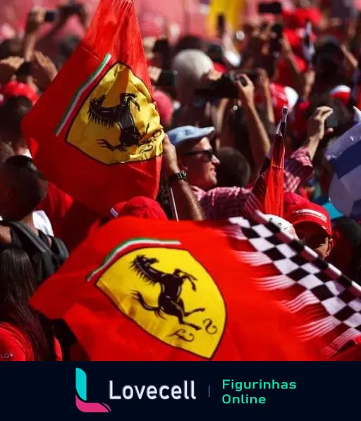 Fãs da Ferrari acenando bandeiras vermelhas com logo do cavalo empinado em evento de Fórmula 1