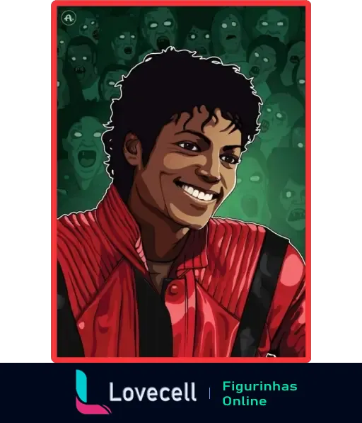 Figurinha animada de Michael Jackson sorrindo com fundo de zumbis, representando a icônica cena do videoclipe Thriller.