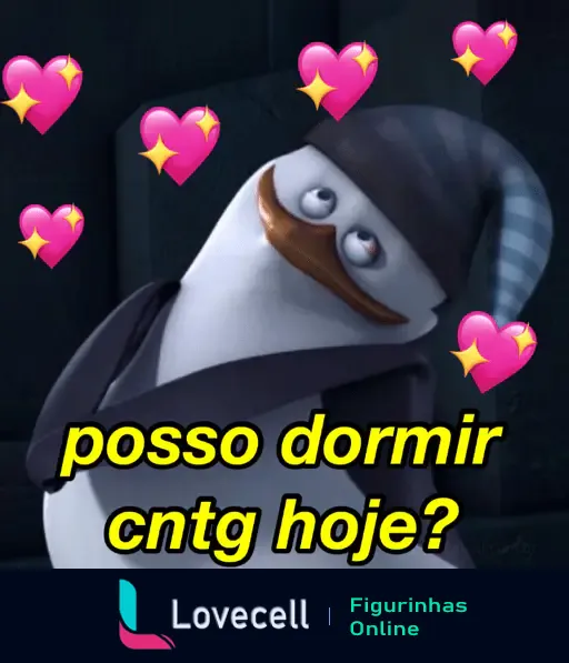 Figurinha de pingüim apaixonado com mensagem 'Posso dormir contigo?'