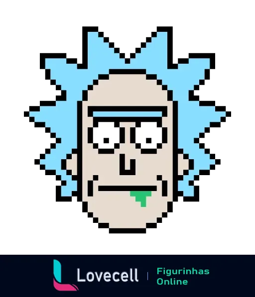 Pixel art de Rick Sanchez de 'Rick e Morty', mal-humorado com cabelo azul espetado e jaleco de cientista, estilo retro