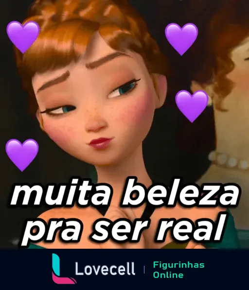 Sticker de animação com personagem animada e cinco corações roxos ao redor. Texto: 'muita beleza pra ser real', destacando a pasta APAIXONADOS.