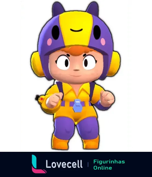 Personagem de Brawl Stars vestindo fantasia de abelha, com capacete roxo e amarelo e trajes combinando. Personagem colorido e fofo.