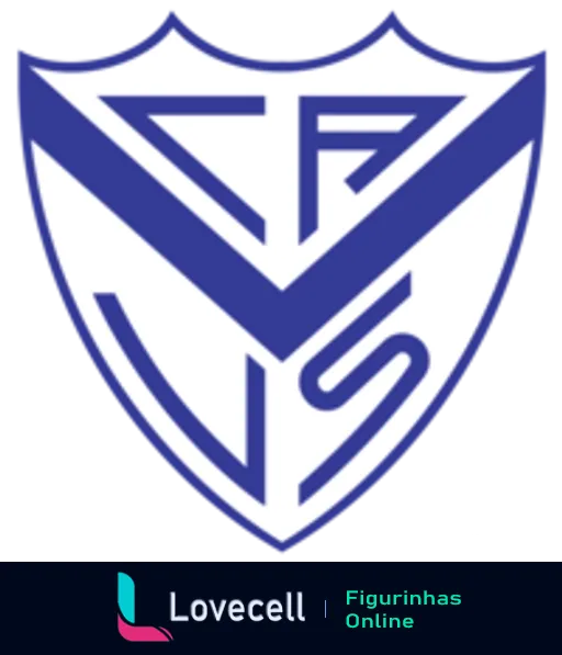 Figurinha do escudo do Clube Atlético Vélez Sarsfield, emblema em azul e branco com iniciais 'V' e 'S' interligadas