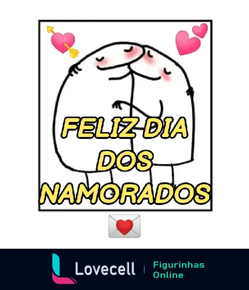 Figurinha de um casal fofinho se abraçando com texto 'Feliz Dia dos Namorados', ideal para celebrar o amor no Dia dos Namorados.