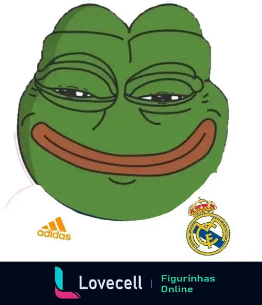 Meme do Pepe, famoso personagem de internet, vestindo a camisa do Real Madrid com o logo da Adidas e o escudo do clube.