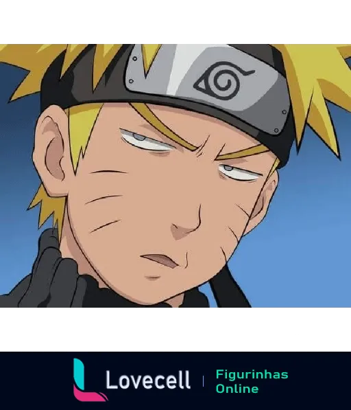 Naruto Uzumaki irritado com expressão de desgosto, olhos semicerrados e boca apertada, usando bandana de Konoha e roupas de ninja