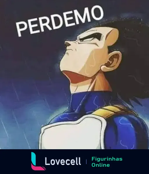 Imagem do personagem Vegeta do Dragon Ball olhando para o alto com expressão séria. Texto visível: 'PERDEMO'.