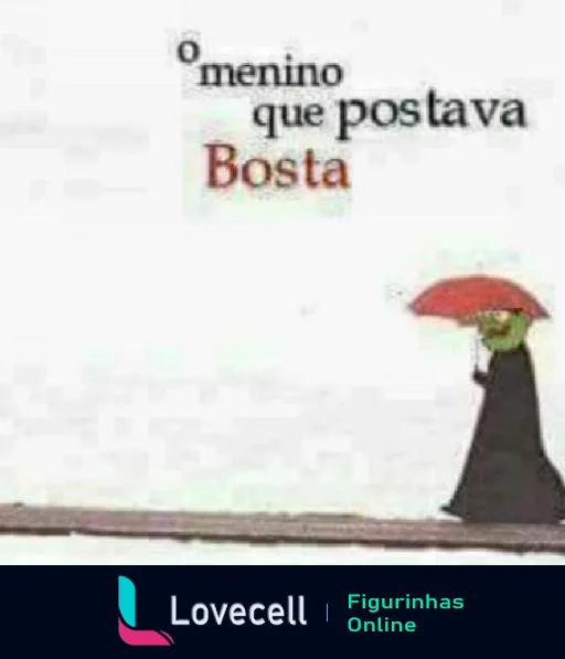 Figurinha paródia 'O menino que postava Bosta' mostrando um personagem com guarda-chuva vermelho em cenário chuvoso e desolado