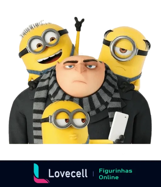 Figurinha de Gru segurando celular com expressão séria e dois Minions alegres ao lado, um com óculos padrão e outro com lente única