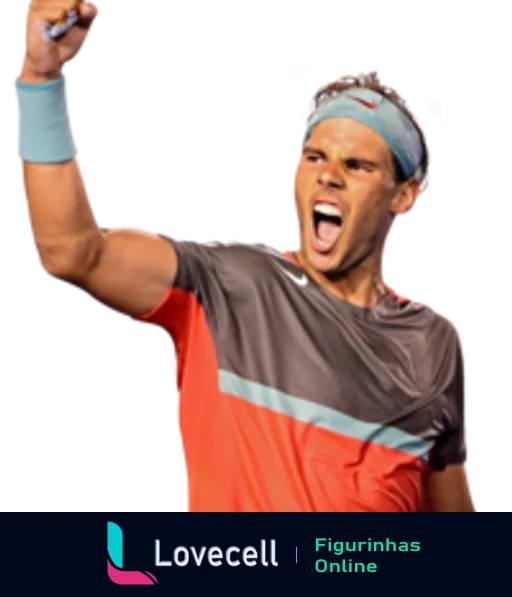 Rafael Nadal comemorando uma vitória, com punhos cerrados e expressão de triunfo, vestindo camiseta laranja e azul e bandana azul