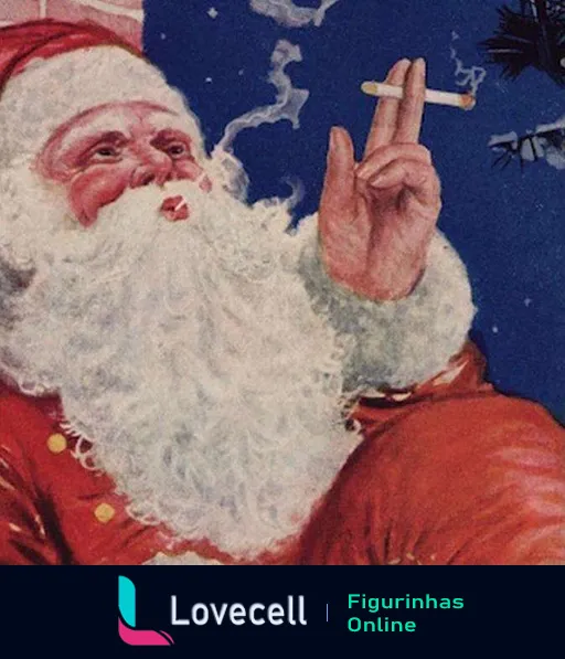 Papai Noel vintage segurando um cigarro, vestido com traje vermelho e barba branca, em fundo noturno com pinheiros e céu estrelado