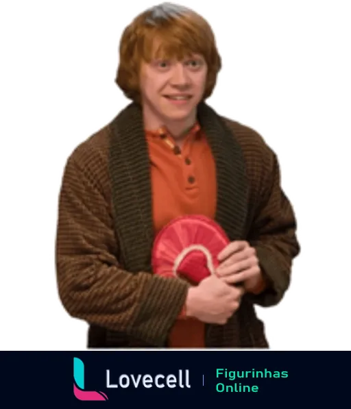 Ron Weasley segurando um leque vermelho, hesitante, com casaco marrom e camisa laranja, em estilo Harry Potter