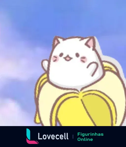 Imagem animada de um gato fofo emergindo de uma casca de banana em um fundo azul claro, relacionado ao tema Banana Cat.