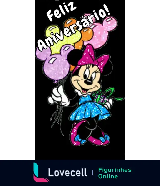 Figurinha animada de Feliz Aniversário com Minnie Mouse segurando balões brilhantes e sorrindo, vestida de azul e rosa.