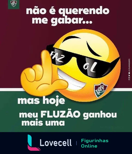 Emoji sorridente com óculos escuros fazendo gesto de calma com texto 'não é querendo me gabar... mas hoje meu FLUZÃO ganhou mais uma', fundo verde e escudo do Fluminense no canto superior esquerdo