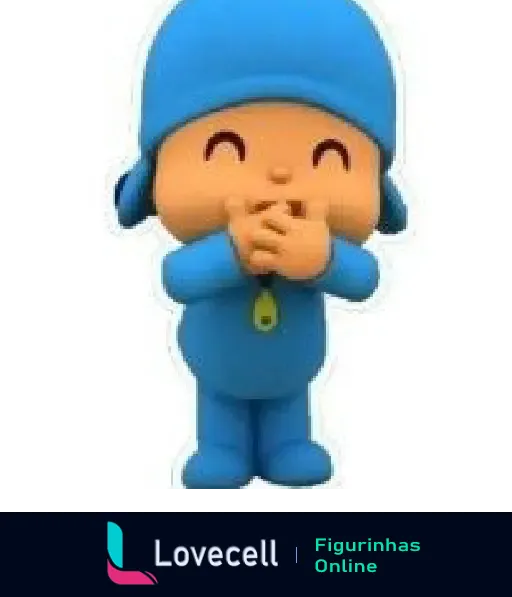 Figurinha do Pocoyo rindo e cobrindo a boca com as mãos. Ele está usando um gorro azul e mostrando muita alegria e diversão.